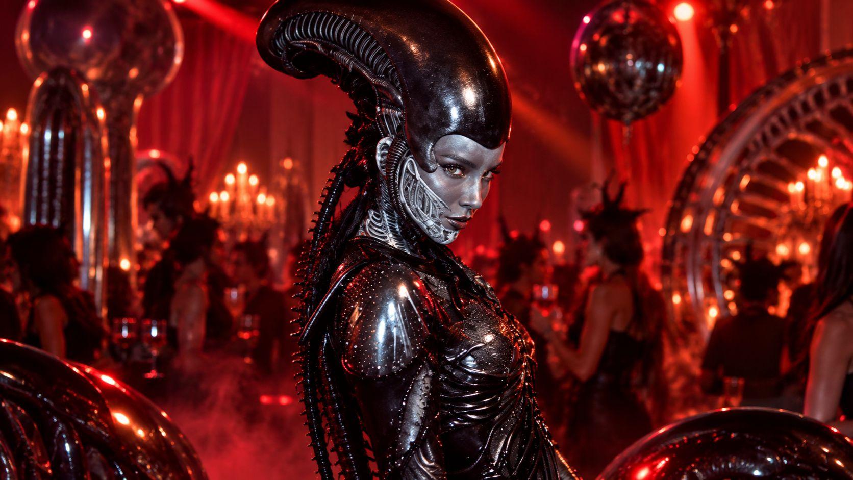 Belinda luce un impactante disfraz de xenomorfo durante Beliween 2026, en un ambiente de fiesta con iluminación roja.