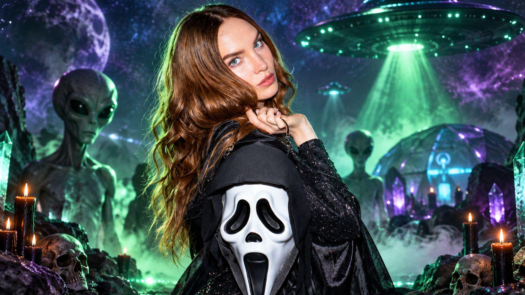 Belinda luce un disfraz de Ghostface rodeada de extraterrestres y ovnis en una ambientación de ciencia ficción para Beliween 2026.