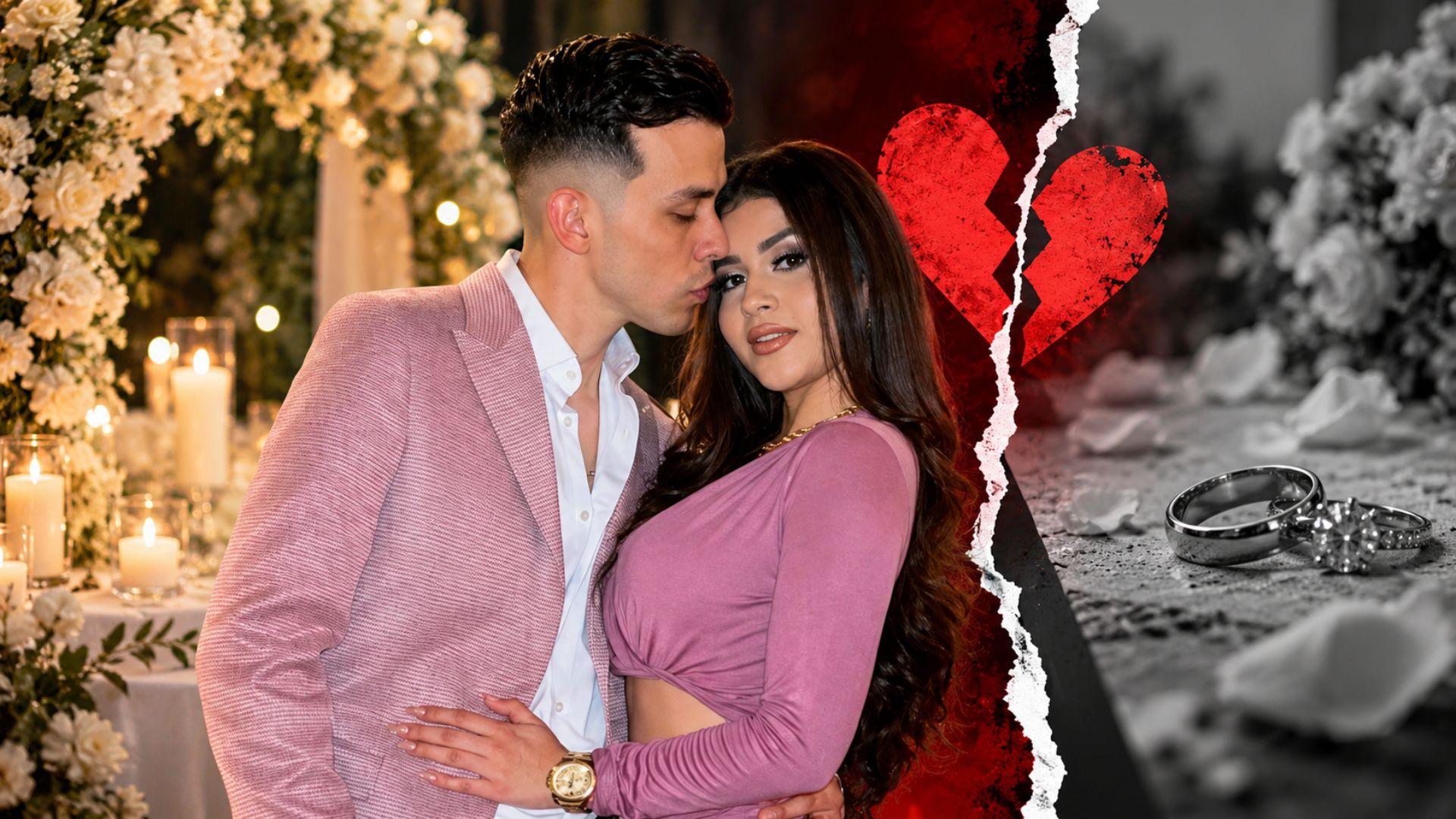 Carlos Parra y Lillian Griego aparecen abrazados en un montaje que contrasta el romance con un corazón roto y anillos de compromiso.