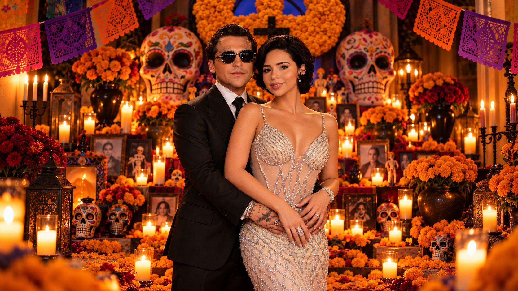 Christian Nodal y Ángela Aguilar posan abrazados frente a una ofrenda de Día de Muertos decorada con flores y velas.
