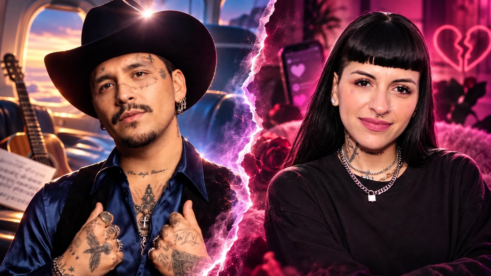 Christian Nodal y Cazzu aparecen en un montaje dividido con tonos azules y rosas, tras la polémica por una canción.