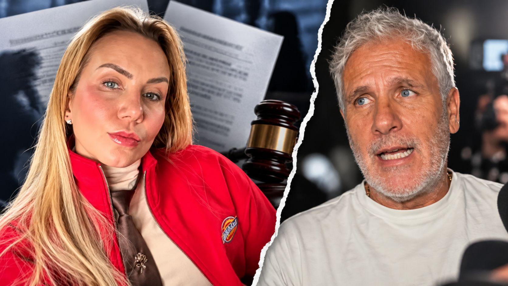 Michelle Vieth y Héctor Soberón aparecen separados con documentos legales de fondo.