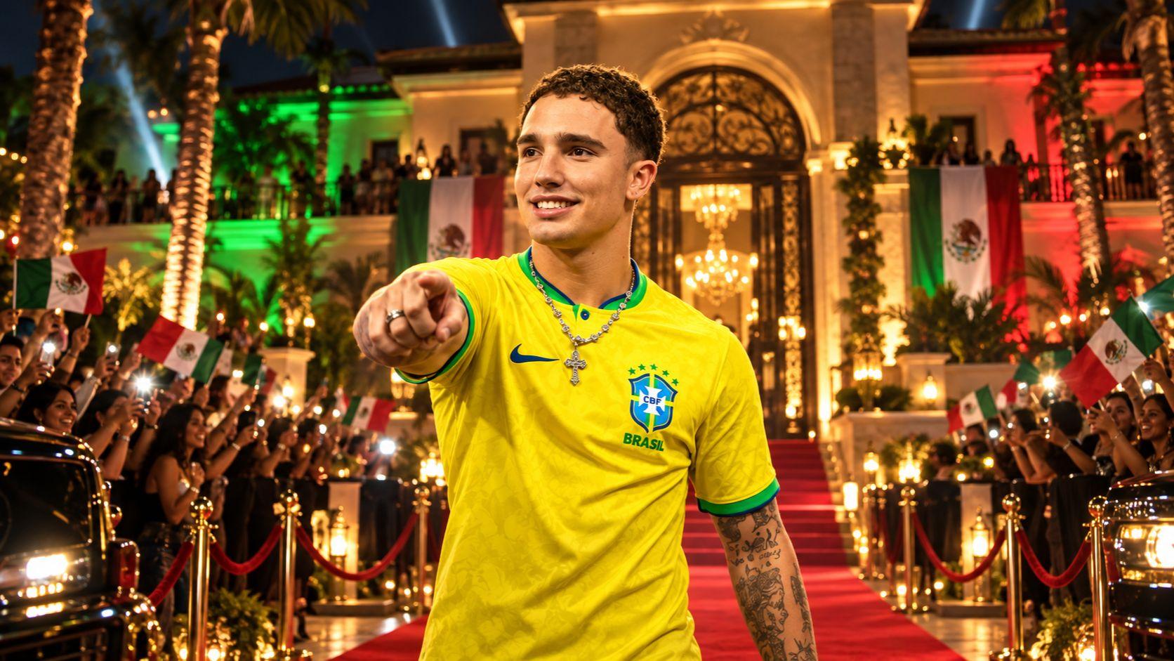 João Ferreira con camiseta de Brasil frente a una lujosa mansión, rodeado de seguidores con banderas mexicanas.