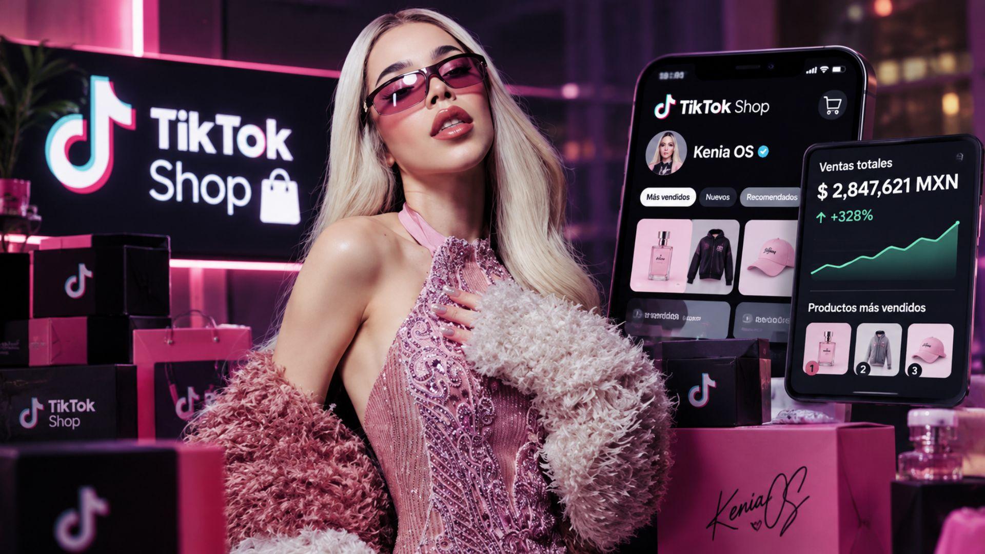 Kenia OS posa con un atuendo rosa junto a productos y gráficos de ventas digitales de TikTok Shop México.