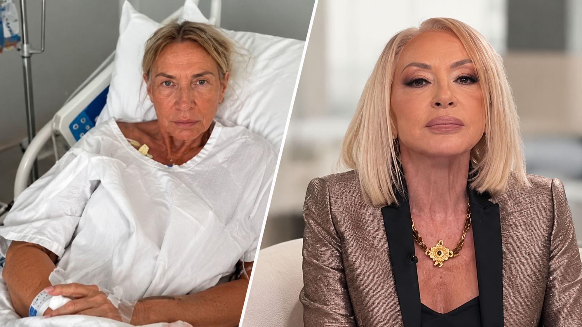 Laura Bozzo aparece en una cama de hospital junto a un retrato suyo con cabello rubio y vestimenta elegante.