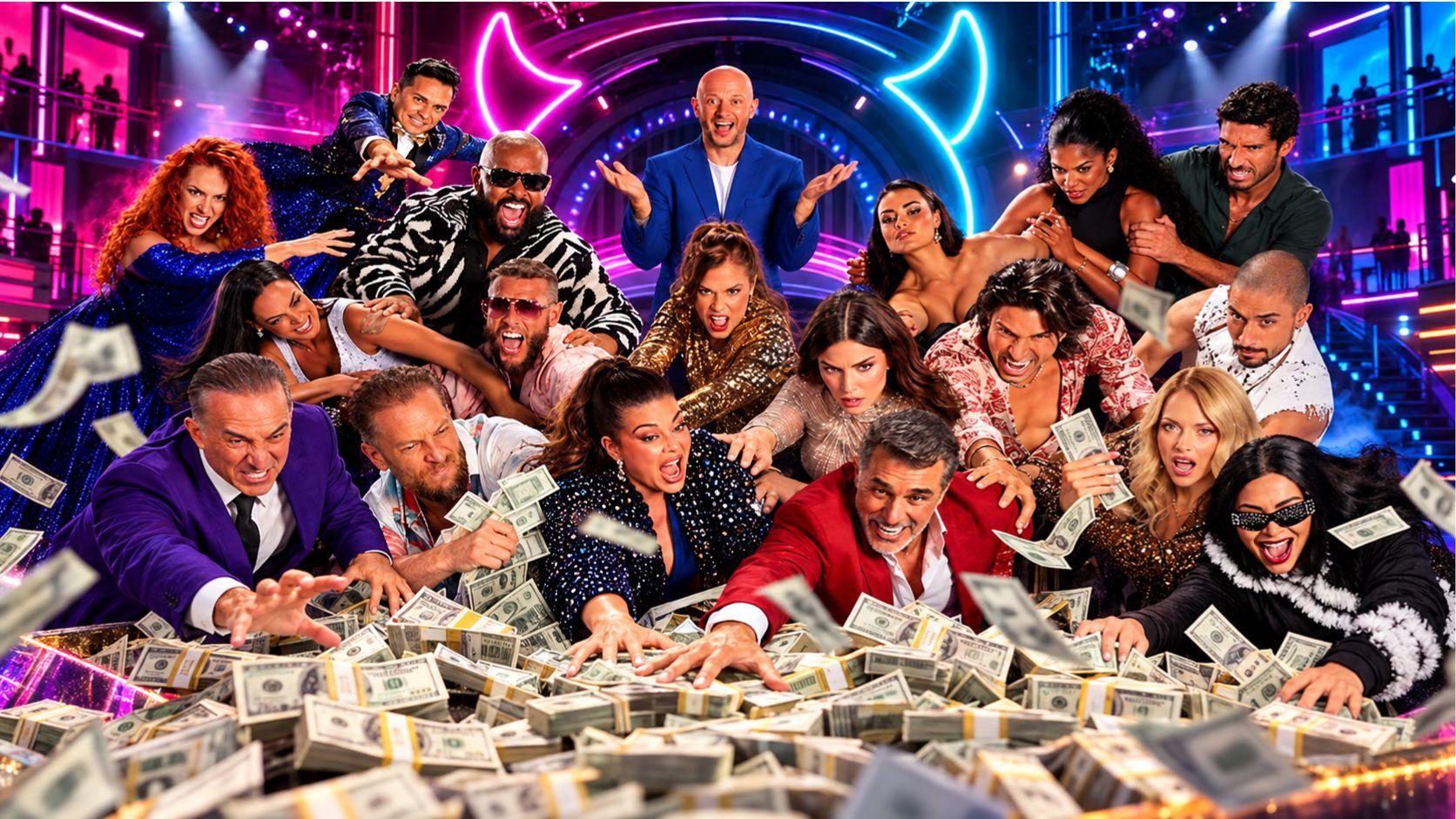 Participantes del nuevo reality conducido por Facundo compiten por un premio en un escenario iluminado.