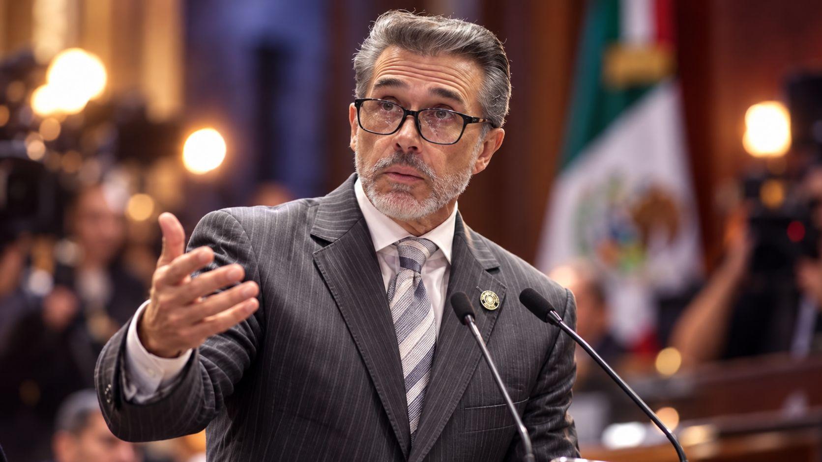 Sergio Mayer, con traje gris y lentes, gesticula frente a dos micrófonos con una bandera de México al fondo.